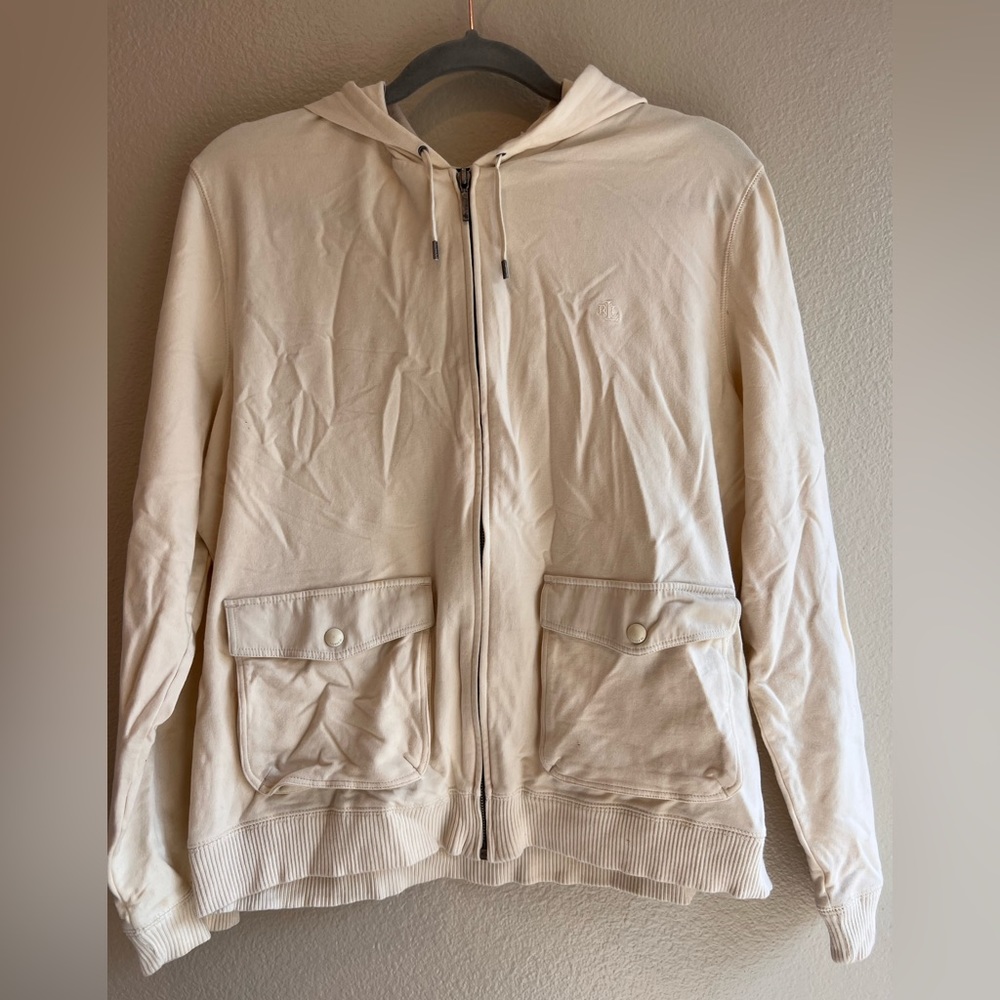 Cream colored zip up lightweight hoodie from Ralph Lauren.